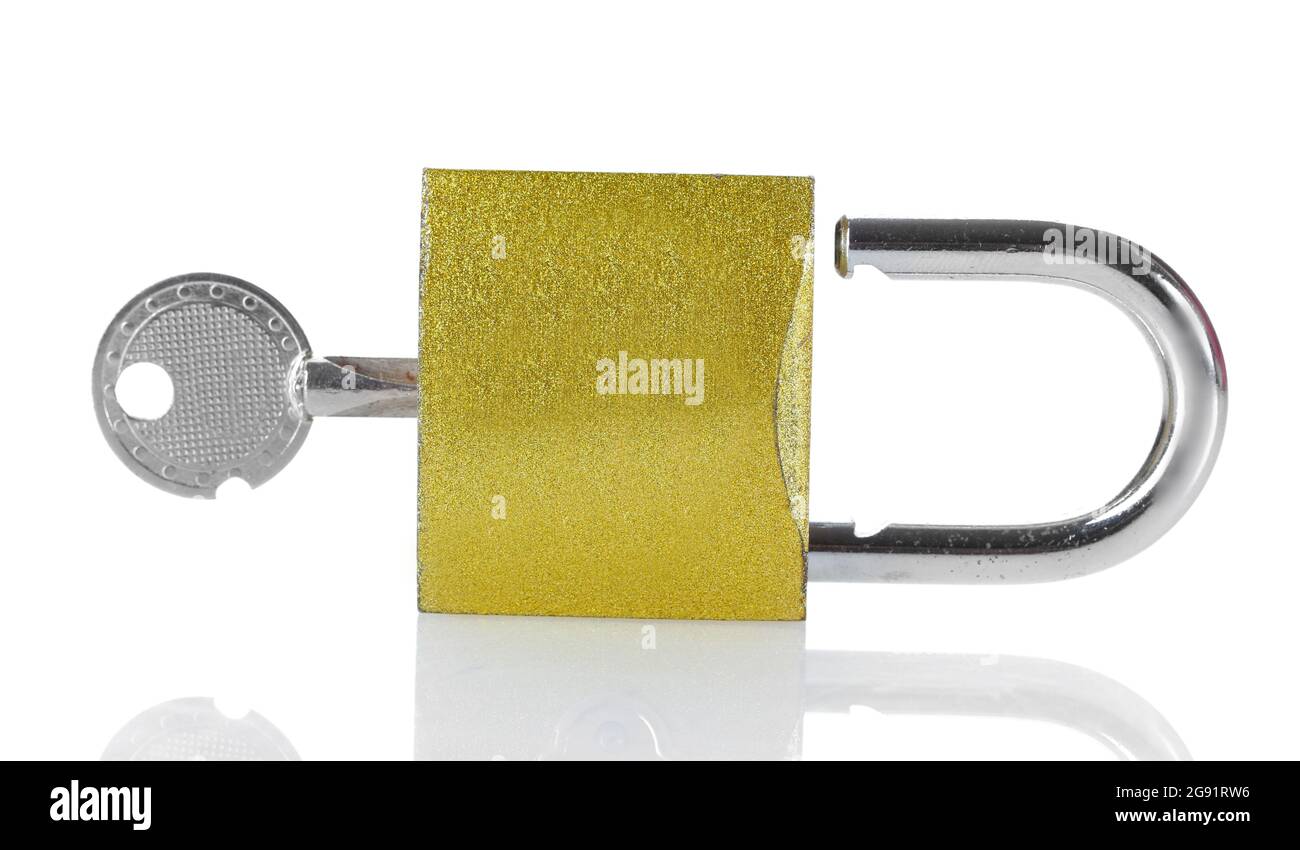 golden padlock with key isolated on white Stock Photo - Alamy