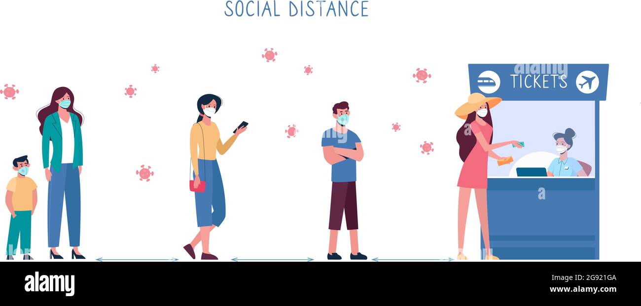 Social safe distance between people so as not to spread virus, COVID-19. Men and women stand queue at ticket offices, they keep their distance. Vector flat, isolated. In line to buy plane, train tickets Stock Vector