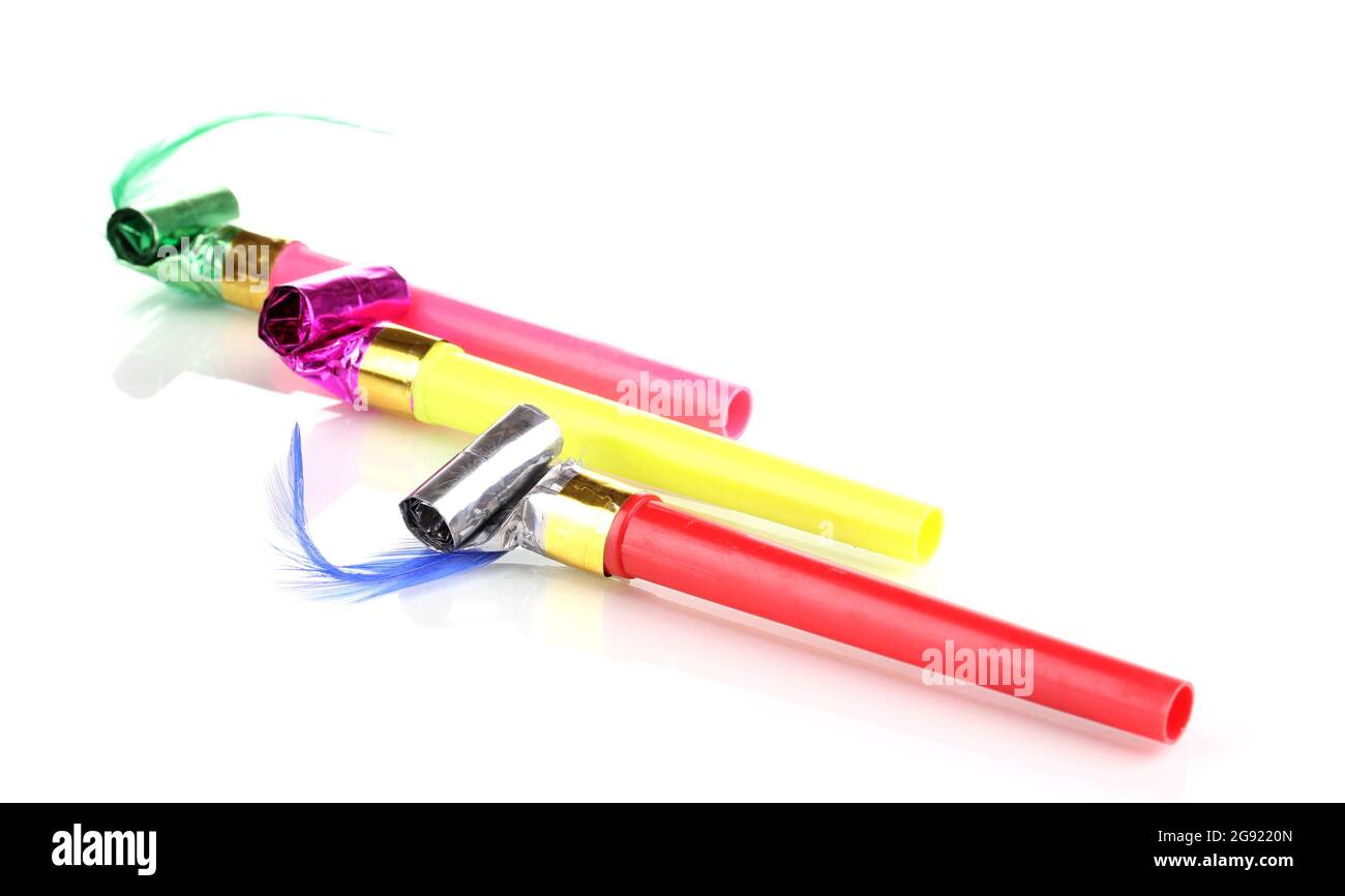 Party whistles isolated on white Stock Photo Alamy