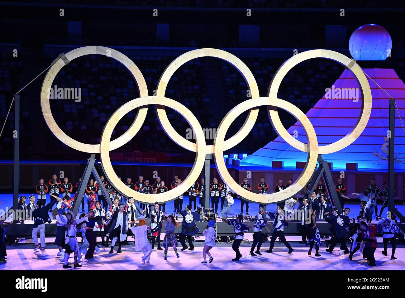 Tokyo, Japan. 23rd July, 2021. Opening ceremony. Olympic stadium. 10-1 Kasumigaokamachi. Shinjuku-ku. Tokyo. The Olympic rings make their appearance. Credit Garry Bowden/Sport in Pictures/Alamy live news Credit: Sport In Pictures/Alamy Live News Stock Photo