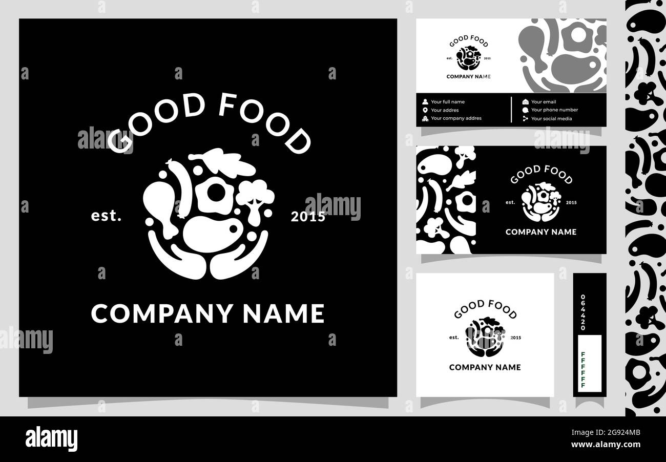 Circle food assortment concept, minimalism logo template with business card and seamless pattern elements isolated on white background Stock Vector