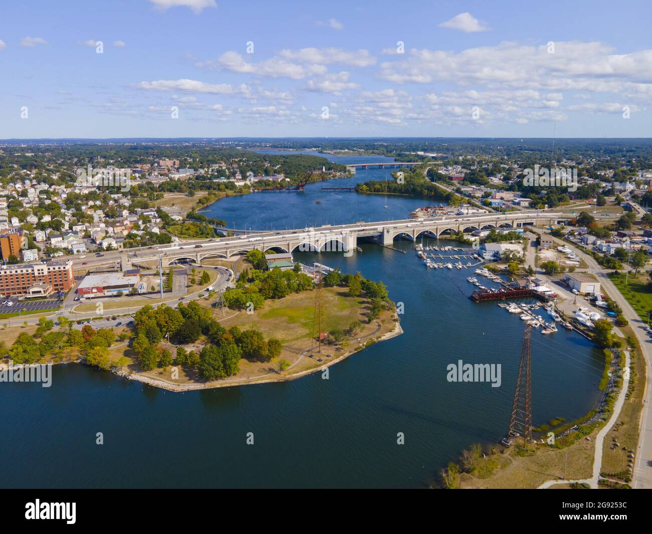 Aerial view of Washington Bridge between City of Providence and East