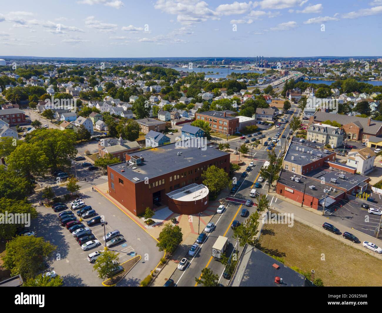 Historic city hall and commercial buildings on Taunton Avenue aerial view with Providence