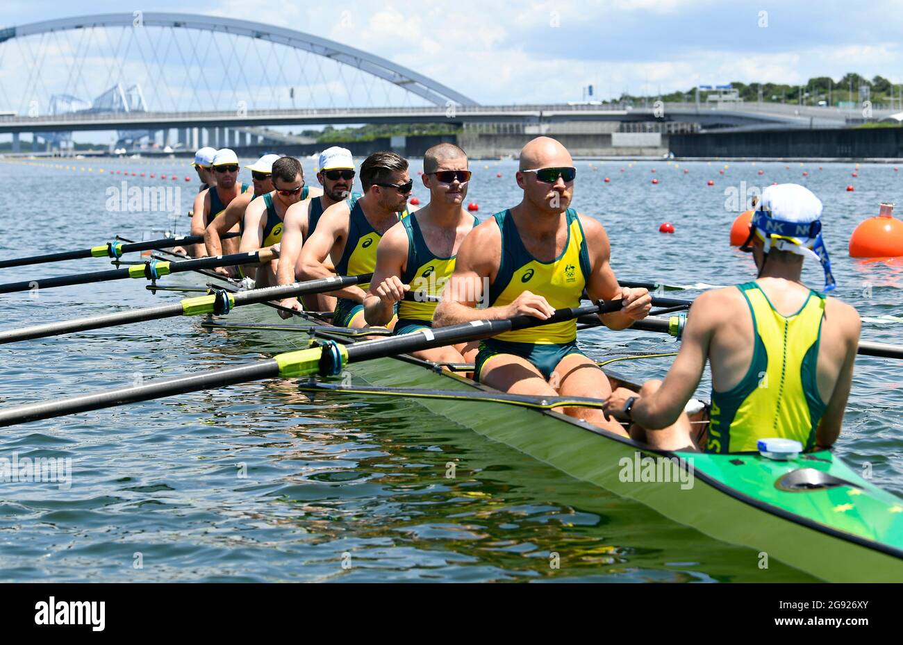 Tokyo Olympics Rowing Men S Eight Heats Sea Forest Waterway Tokyo Japan July 24 21 Coxswain Stuart Sim Of Australia Angus Widdicombe Of Australia Angus Dawson Of Tokyo Olympics Rowing Men S Eight Heats Sea Forest Waterway Tokyo Japan July 24 21 Coxswain Stuart Sim Of Australia Angus Widdicombe Of Australia Angus Dawson Of