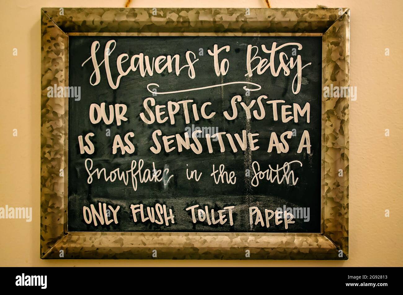 A humorous bathroom sign reminds customers to only flush toilet paper in the restroom at Mo’ Bay Beignet Co., July 23, 2021, in Mobile, Alabama. Stock Photo