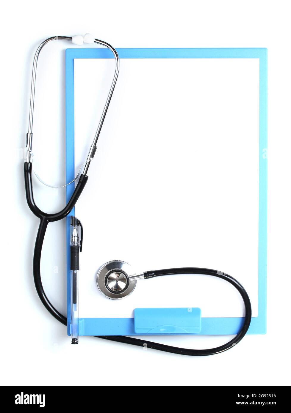 stethoscope and blue clipboard isolated on white Stock Photo - Alamy