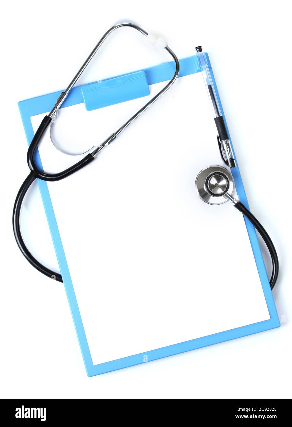 stethoscope and blue clipboard isolated on white Stock Photo - Alamy