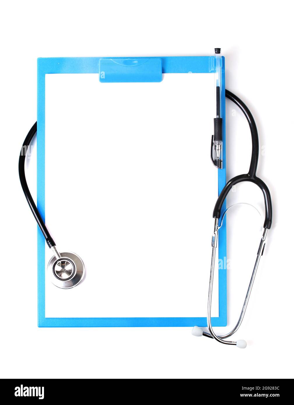 stethoscope and blue clipboard isolated on white Stock Photo - Alamy