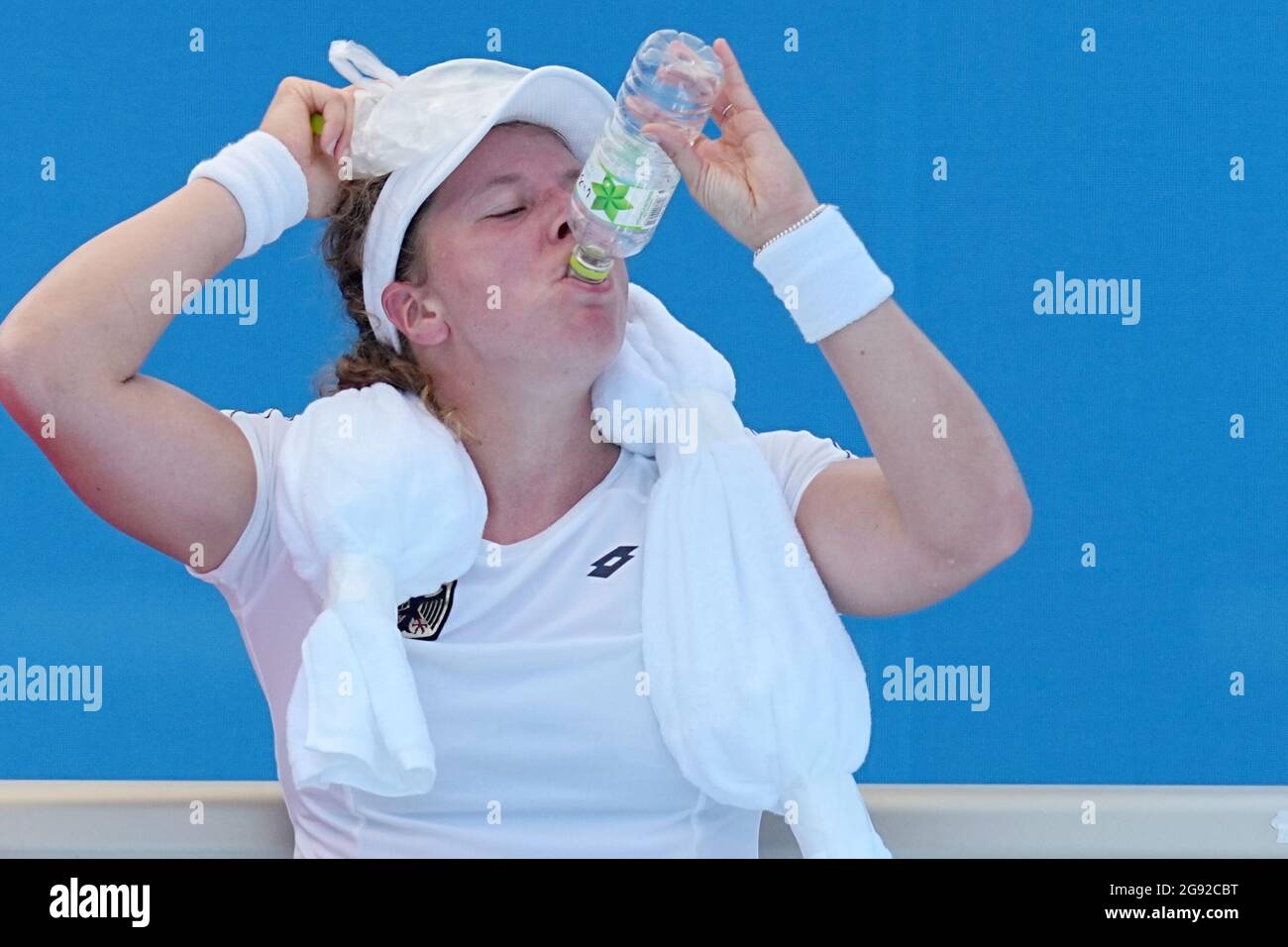 Tokyo, Japan. 24th July, 2021. Tennis: Olympics, women's singles, 1st round, Friedsam (Germany) - Watson (Great Britain) at Ariake Tennis Park. Anna-Lena Friedsam from Germany drinks during the break. Credit: Michael Kappeler/dpa/Alamy Live News Stock Photo