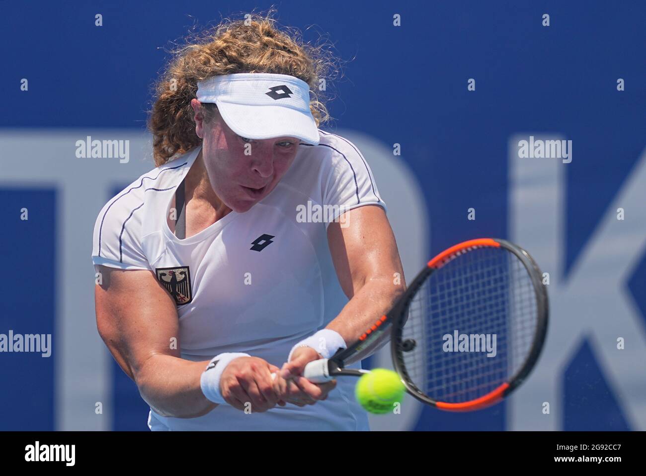 Tokyo, Japan. 24th July, 2021. Tennis: Olympics, Women's singles, 1st round, Friedsam (Germany) - Watson (Great Britain) at Ariake Tennis Park. Anna-Lena Friedsam from Germany in action. Credit: Michael Kappeler/dpa/Alamy Live News Stock Photo