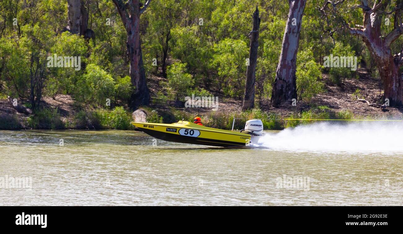 Wentworth, NSW, Australia - November 30, 2014 : Speed-boat travelling on the Darling River during a racing event. Stock Photo