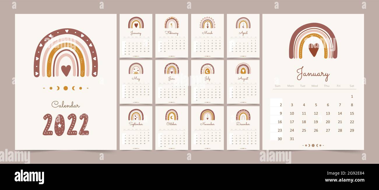 calendar template year 2022 boho rainbows abstract vector illustration in simple minimalist style relax meditation baby decor concept week starts on sunday editable printable page stock vector image art alamy