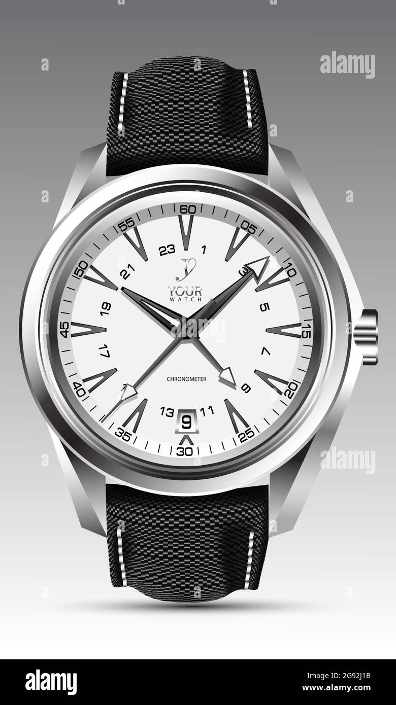 Realistic watch clock silver white face black arrow number with fabric