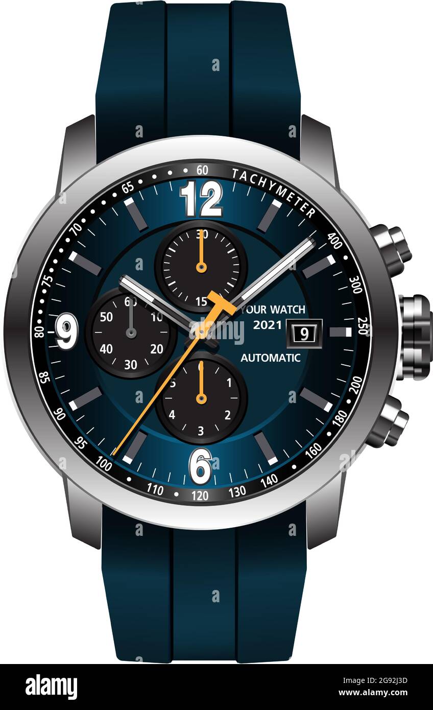 Realistic clock watch blue grey face yellow arrow white number on metal and rubber strap design