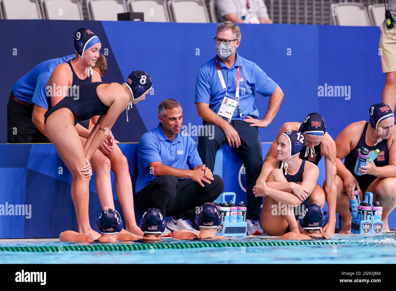 Tokyo, Japan. 24th July, 2021. TOKYO, JAPAN - JULY 24: head coach Adam Krikorian of United States, Aria Fischer of United States, Jamie Neushul of United States, Alys Williams of United States, Paige Hauschild of United States, Melissa Seidemann of United States during the Tokyo 2020 Olympic Waterpolo Tournament Women match between Japan and United States at Tatsumi Waterpolo Centre on July 24, 2021 in Tokyo, Japan (Photo by Marcel ter Bals/Orange Pictures) Credit: Orange Pics BV/Alamy Live News Stock Photo