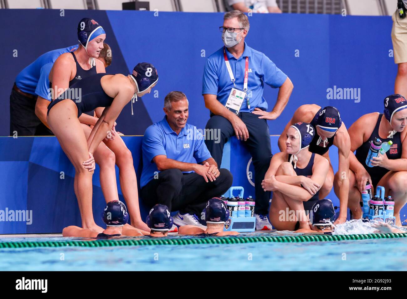 Tokyo, Japan. 24th July, 2021. TOKYO, JAPAN - JULY 24: head coach Adam Krikorian of United States, Aria Fischer of United States, Jamie Neushul of United States, Alys Williams of United States, Paige Hauschild of United States, Melissa Seidemann of United States during the Tokyo 2020 Olympic Waterpolo Tournament Women match between Japan and United States at Tatsumi Waterpolo Centre on July 24, 2021 in Tokyo, Japan (Photo by Marcel ter Bals/Orange Pictures) Credit: Orange Pics BV/Alamy Live News Stock Photo