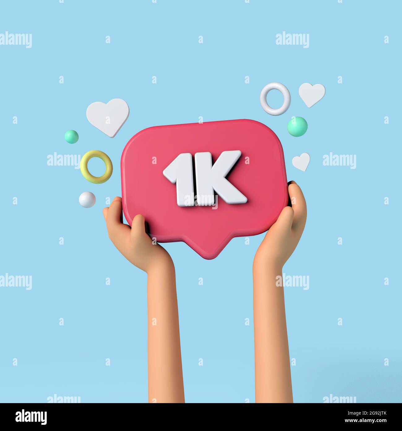 1k social media subscribers sign held by an influencer. 3D Rendering. Stock Photo