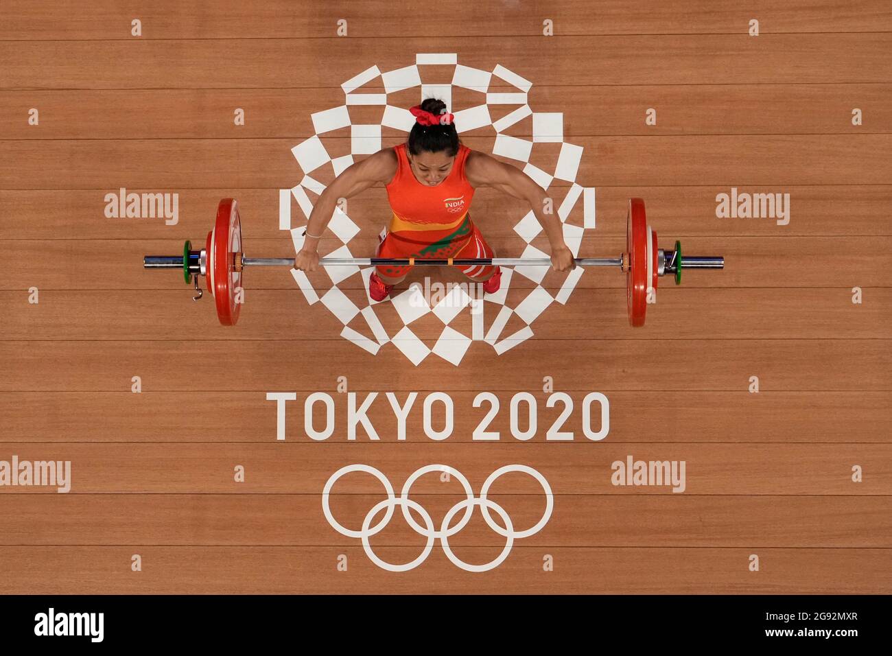 Mirabai Chanu Saikhom of India competes in the women