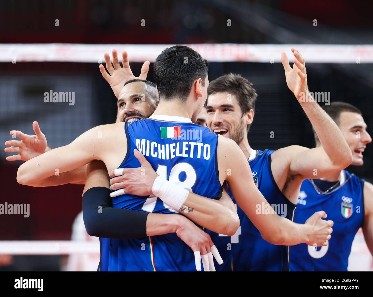 Dongjing. 24th July, 2021. Players of Italy celebrate scoring during the men's volleyball preliminary round match between Italy and Canada at Tokyo 2020 Olympic Games in Tokyo, July 24, 2021. Credit: Ding Ting/Xinhua/Alamy Live News Stock Photo
