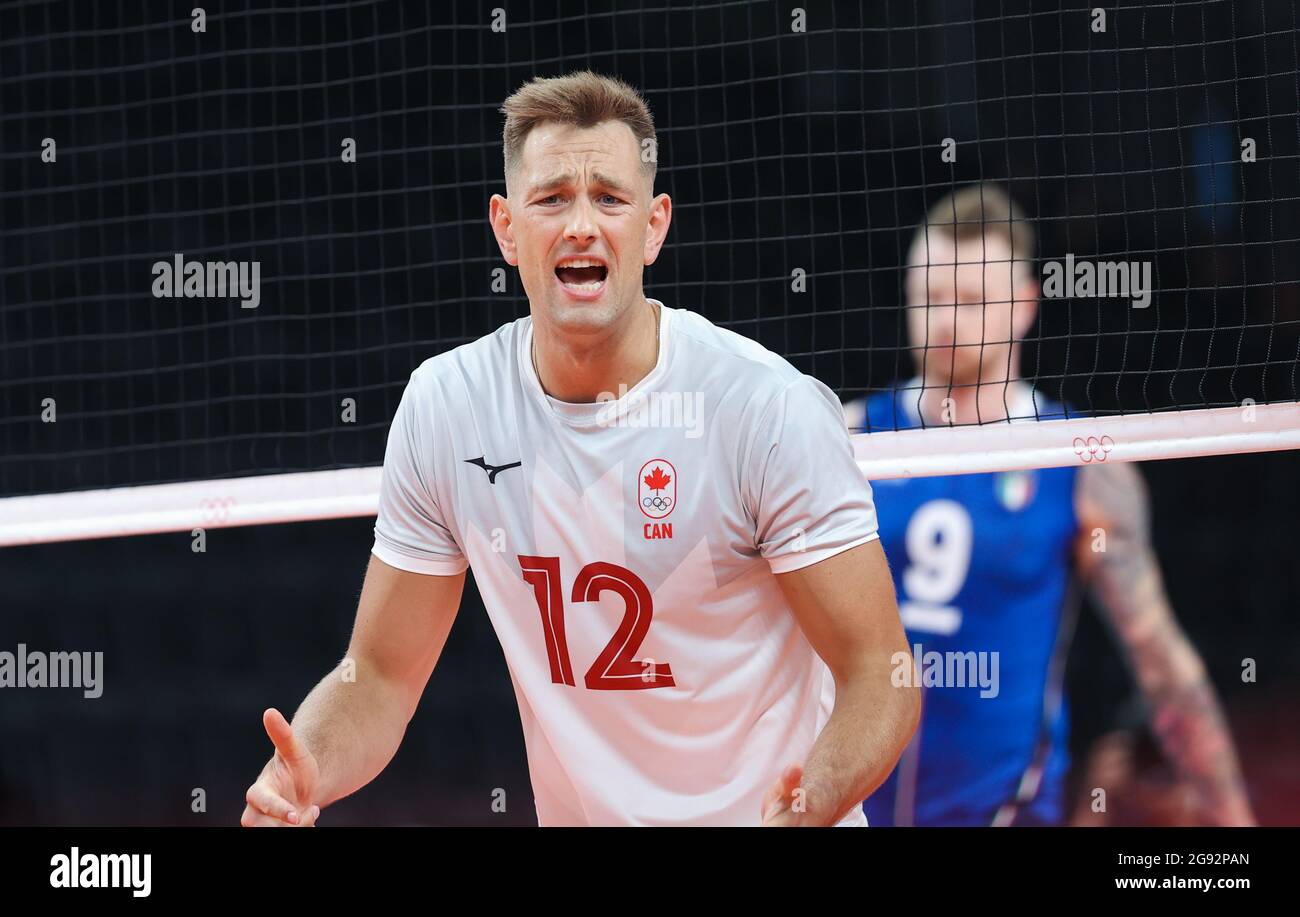 Dongjing. 24th July, 2021. Lucas van Berkel of Canada reacts during the men's volleyball preliminary round match between Italy and Canada at Tokyo 2020 Olympic Games in Tokyo, July 24, 2021. Credit: Ding Ting/Xinhua/Alamy Live News Stock Photo