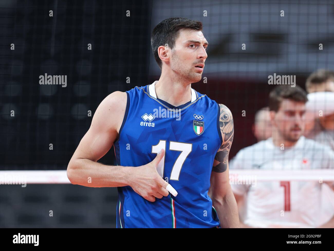 Dongjing. 24th July, 2021. Simone Anzani of Italy reacts during the men's volleyball preliminary round match between Italy and Canada at Tokyo 2020 Olympic Games in Tokyo, July 24, 2021. Credit: Ding Ting/Xinhua/Alamy Live News Stock Photo
