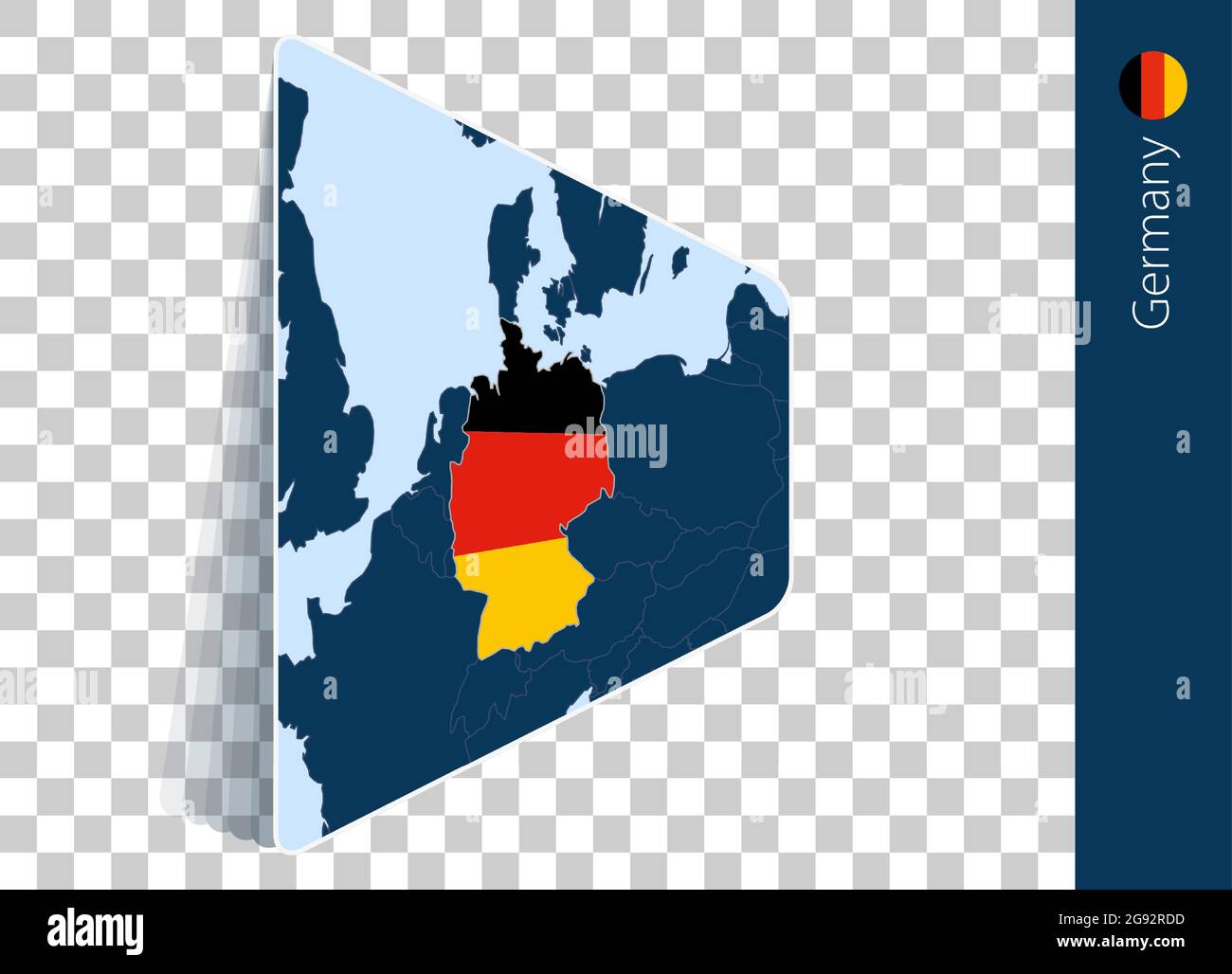 Germany map and flag on transparent background. Highlighted Germany on blue vector map. Stock Vector