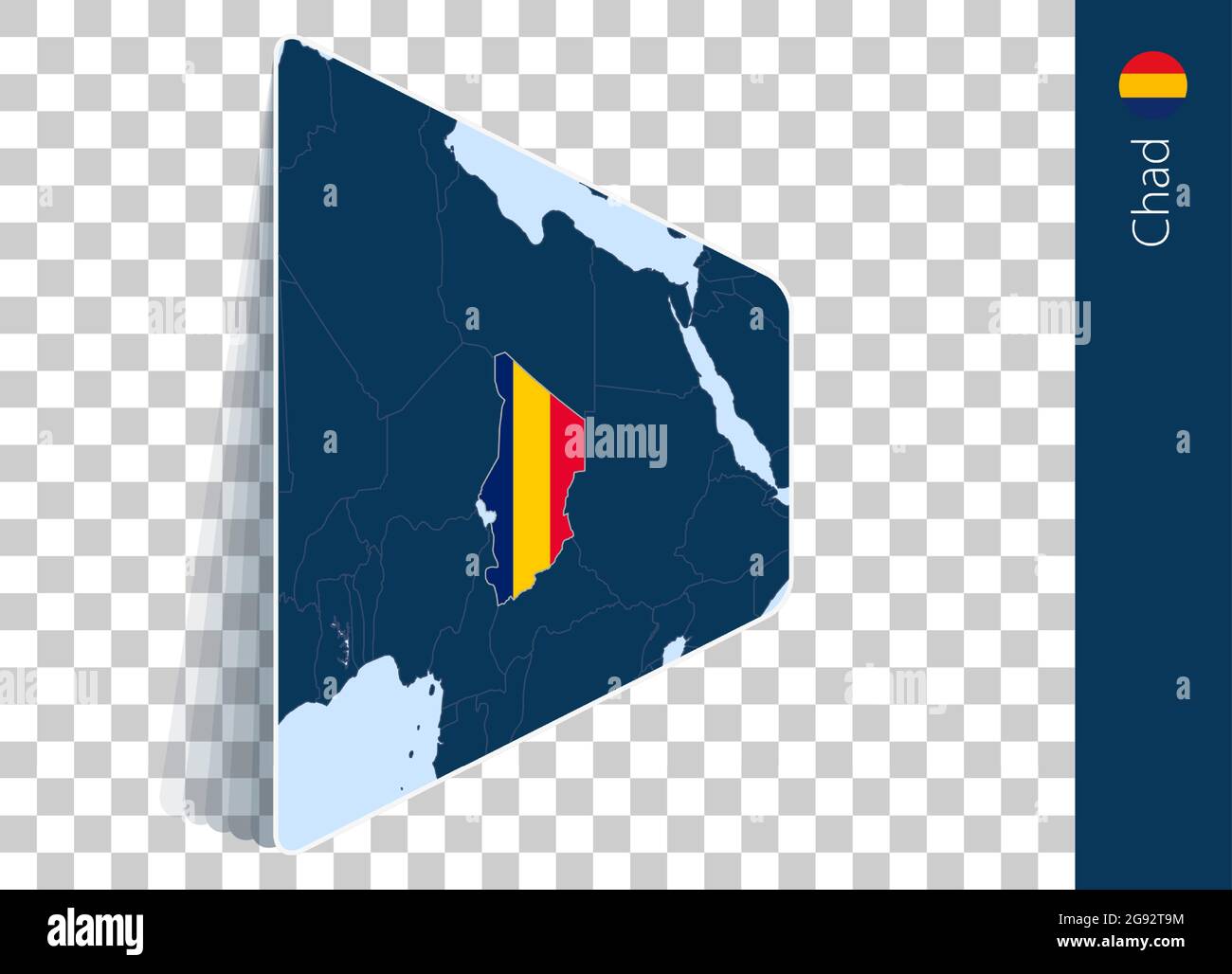 Chad map and flag on transparent background. Highlighted Chad on blue