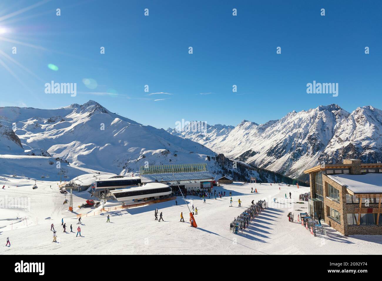 Panorama of the Austrian ski resort of Ischgl. Taken at the main Idalp plateau. Stock Photo