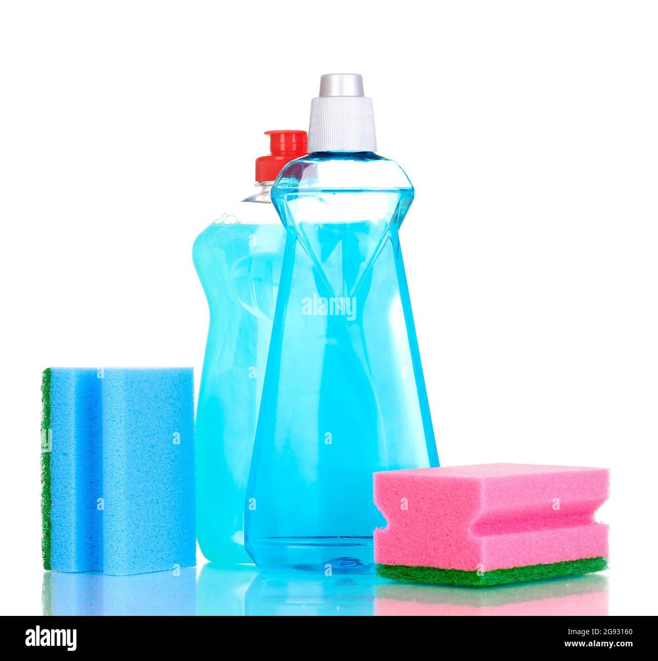 Dishwashing liquids and sponge isolated on white Stock Photo Alamy