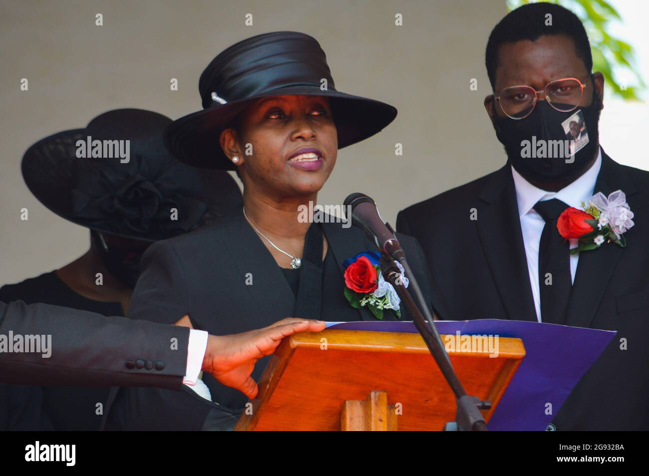 Cap Haitien. 24th July, 2021. Martine Moise, widow of slain Haitian President Jovenel Moise, speaks during the latter's funeral in Cap-Haitien, Haiti, July 23, 2021. Credit: Tcharly Coutin/Xinhua/Alamy Live News Stock Photo
