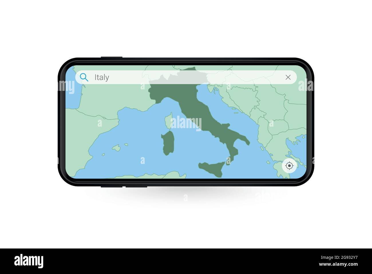 Searching map of Italy in Smartphone map application. Map of Italy in