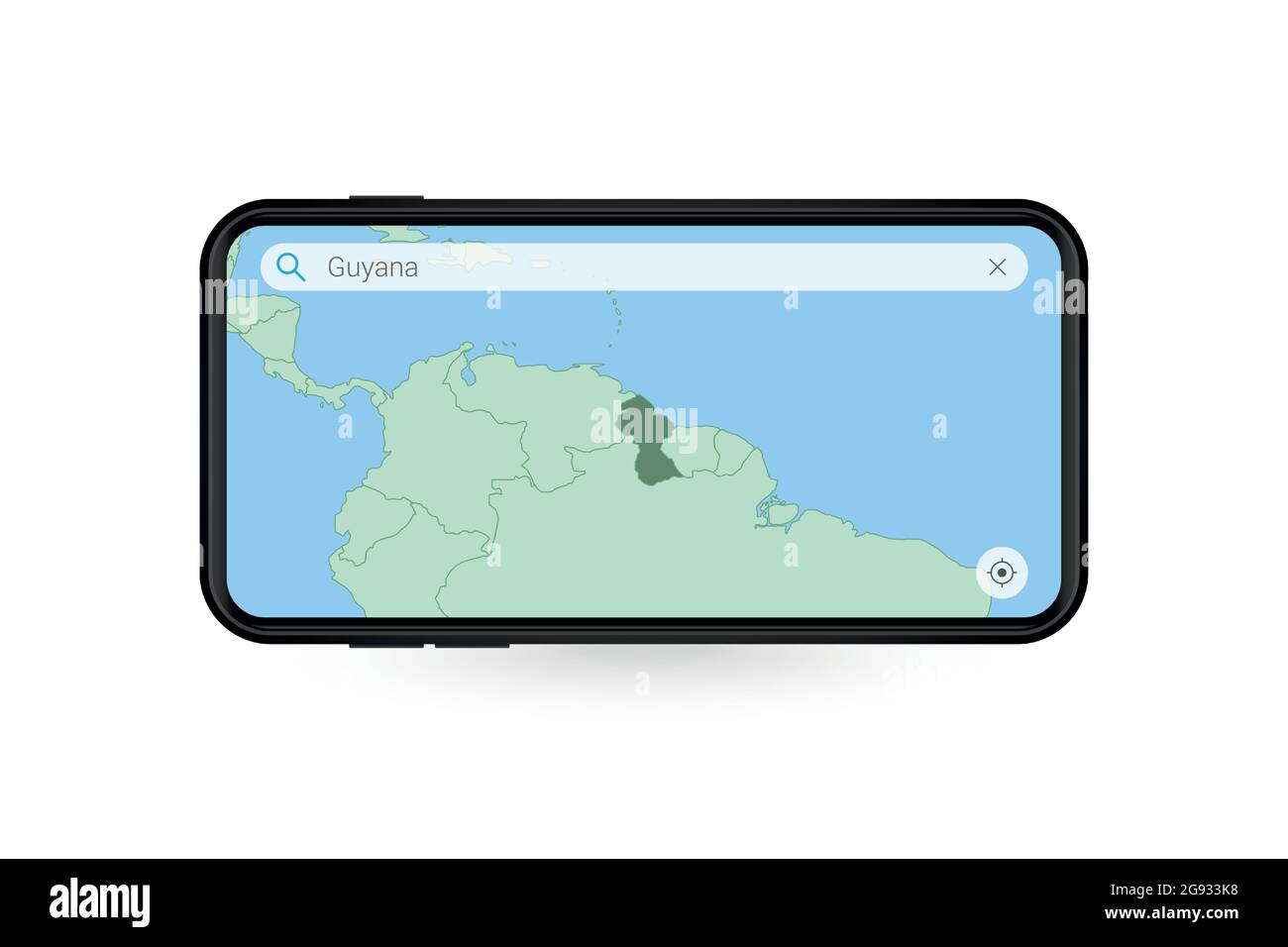 Searching map of Guyana in Smartphone map application. Map of Guyana in