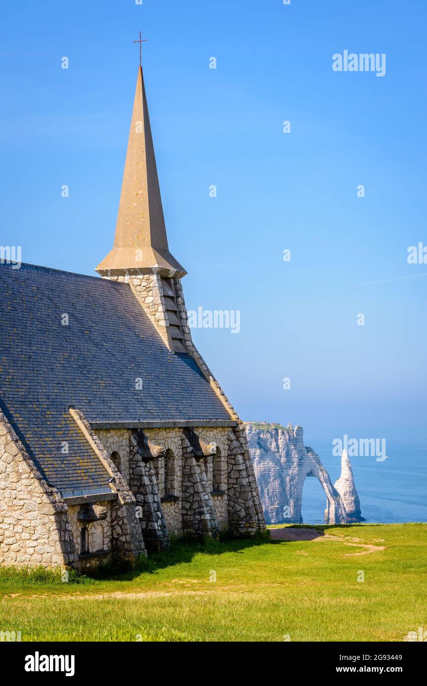 Rear view of Notre-Dame de la Garde on the Amont cliff in Etretat ...
