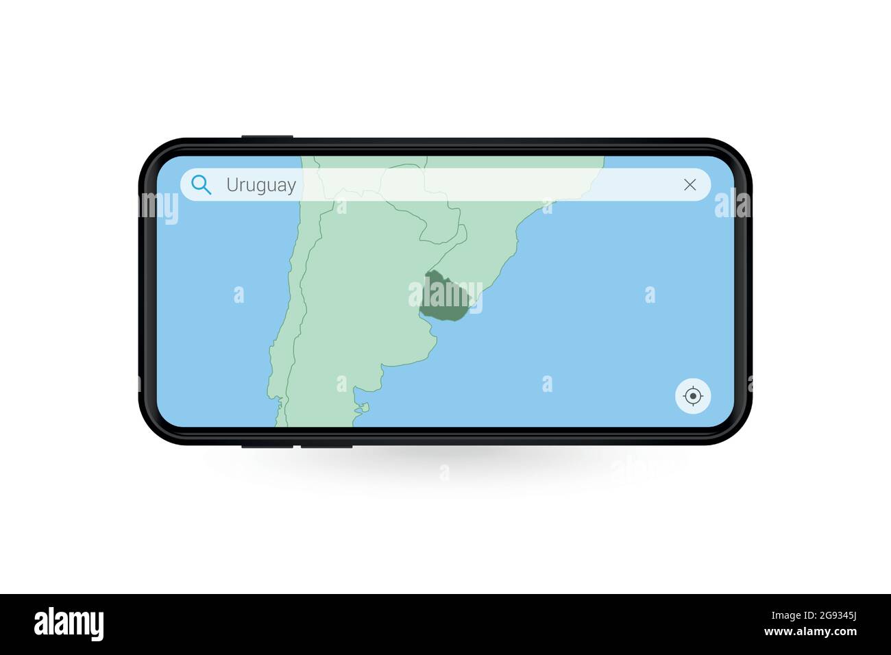 Searching map of Uruguay in Smartphone map application. Map of Uruguay in Cell Phone. Vector illustration. Stock Vector