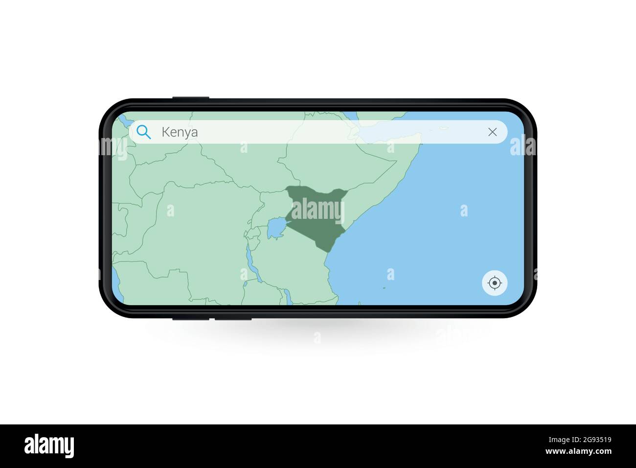Searching map of Kenya in Smartphone map application. Map of Kenya in