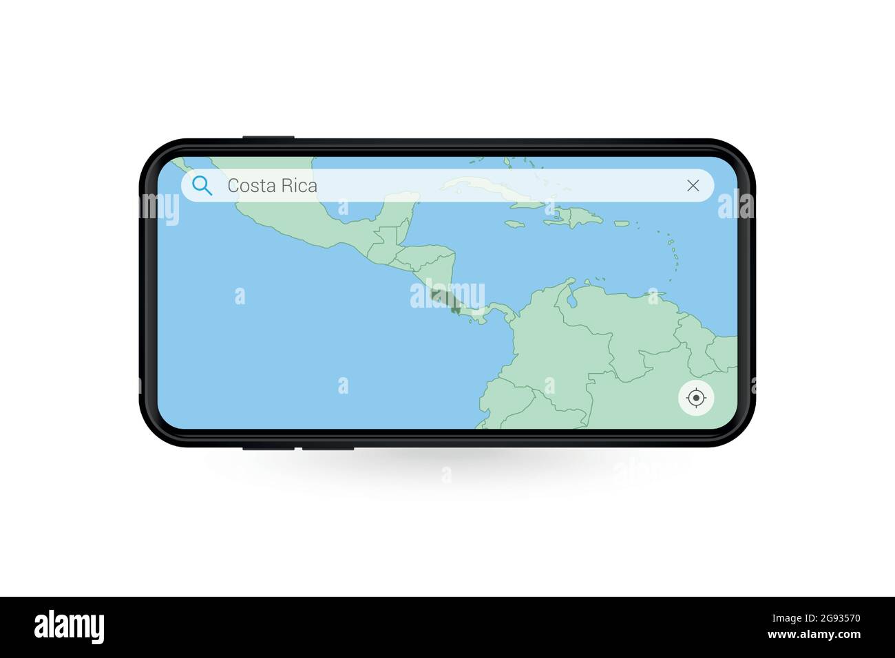 Searching map of Costa Rica in Smartphone map application. Map of Costa