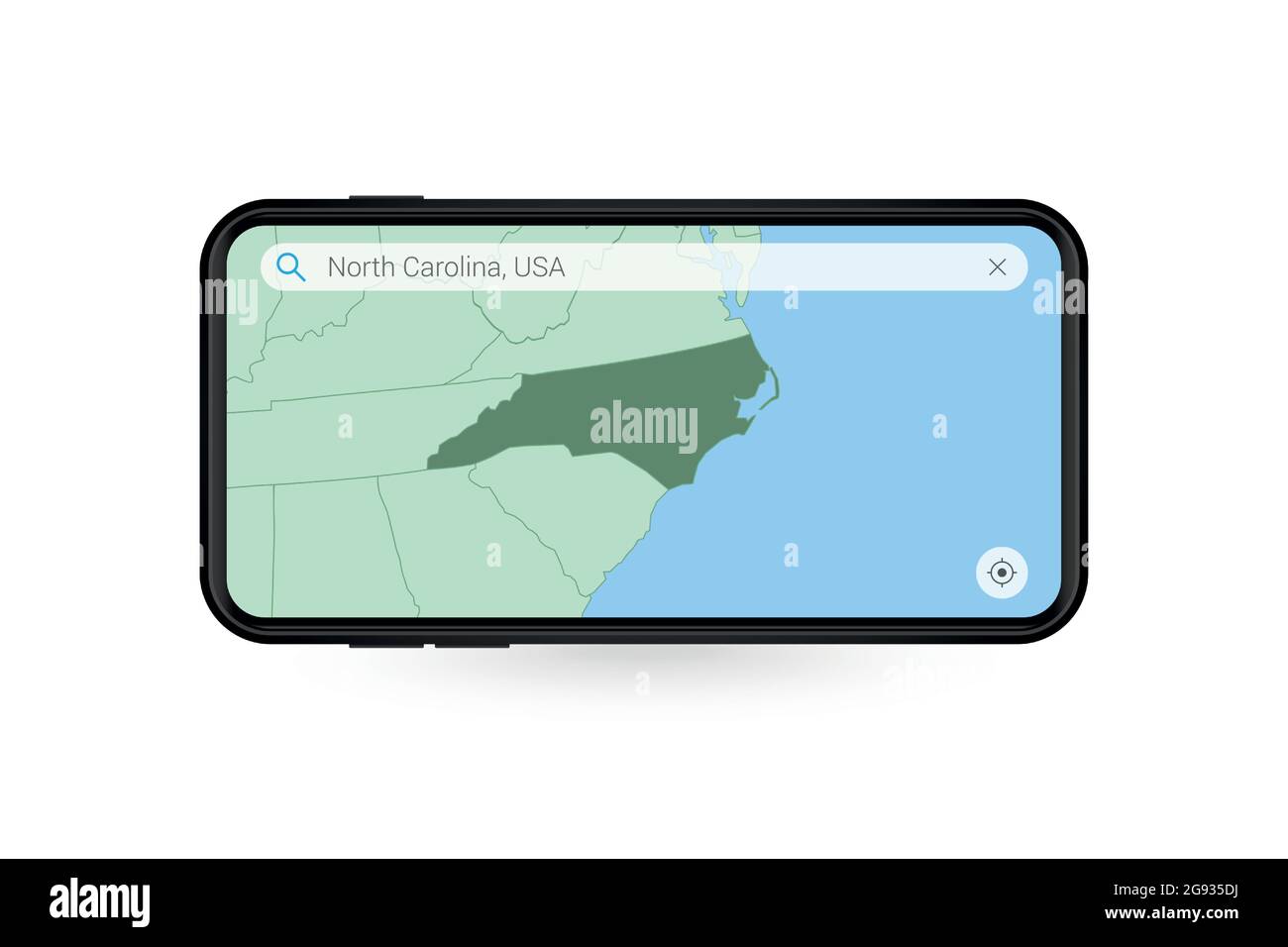 Searching map of North Carolina in Smartphone map application. Map of