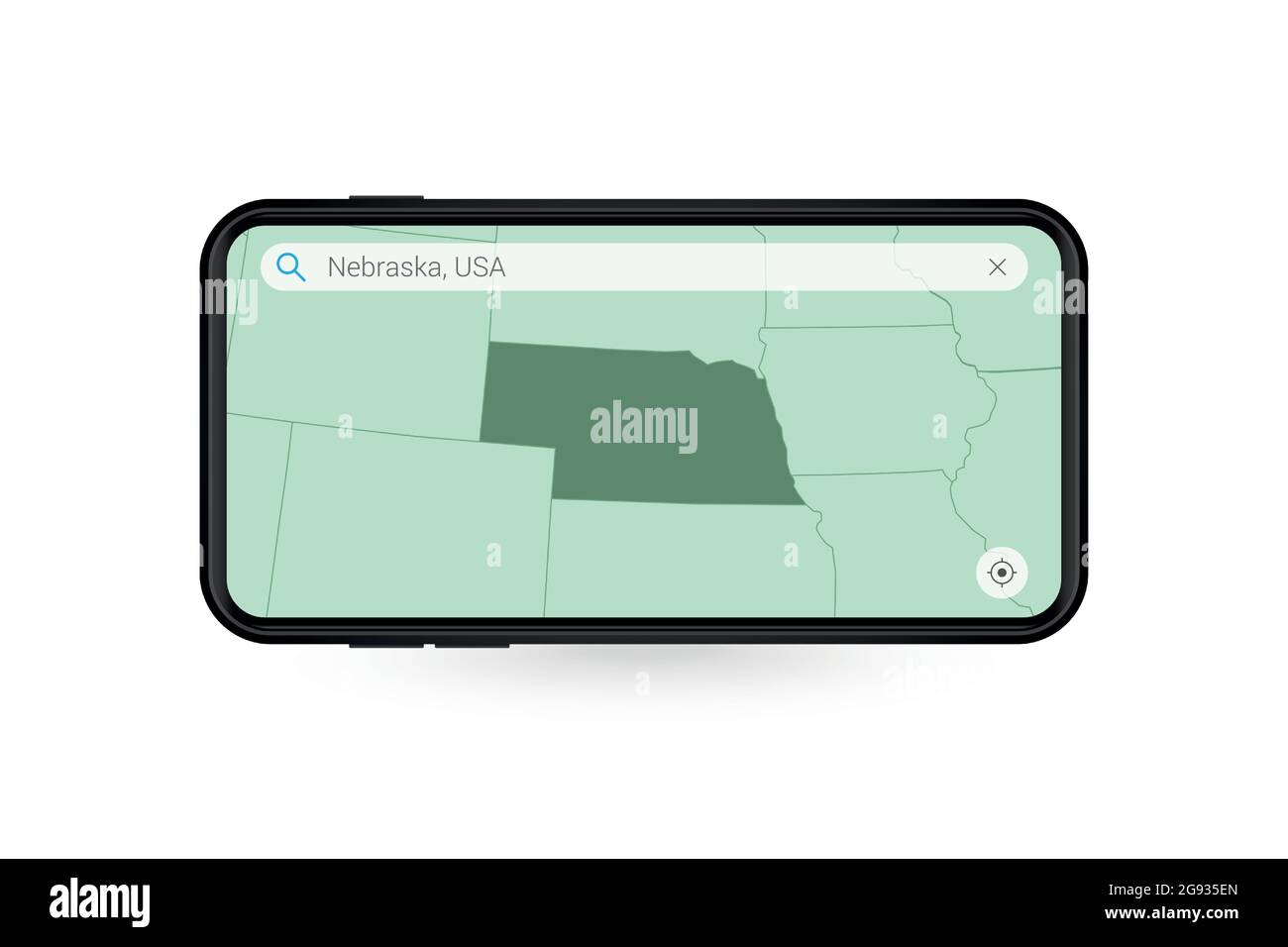 Searching map of Nebraska in Smartphone map application. Map of