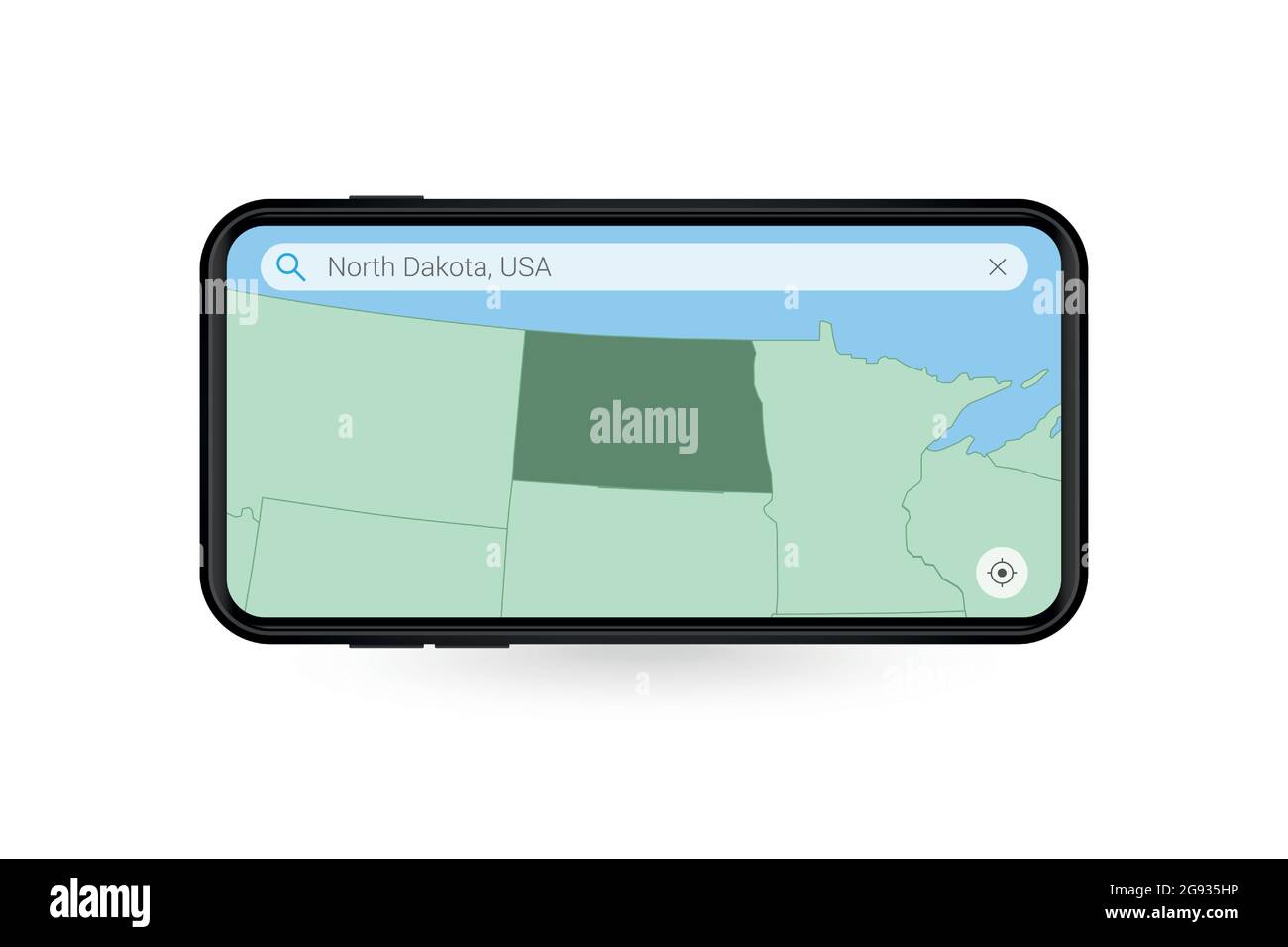 Searching map of North Dakota in Smartphone map application. Map of