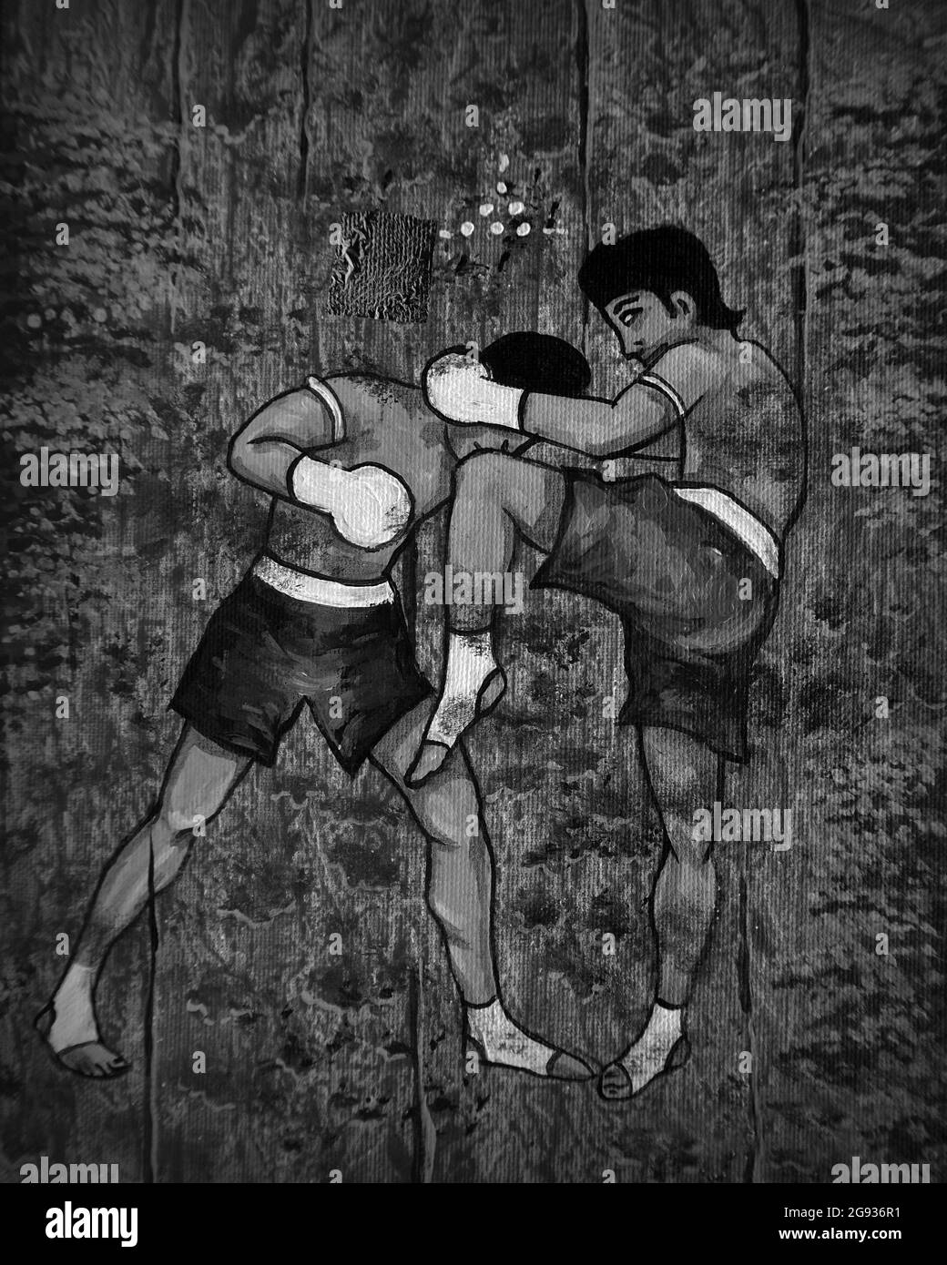 black and white , Art painting Acrylic color Muaythai , Thai boxing Stock Photo