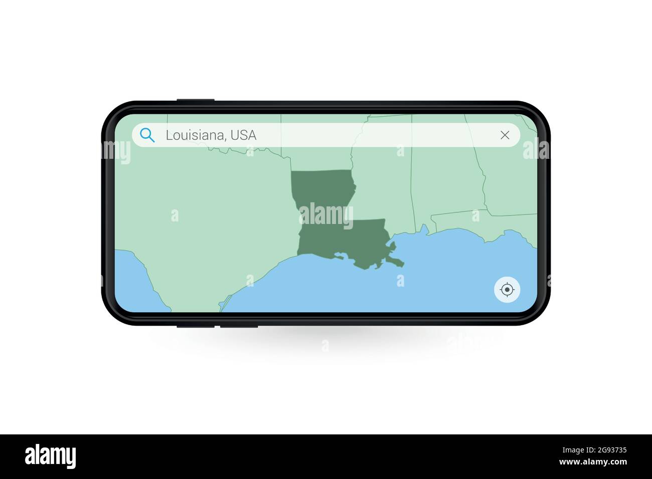 Searching map of Louisiana in Smartphone map application. Map of