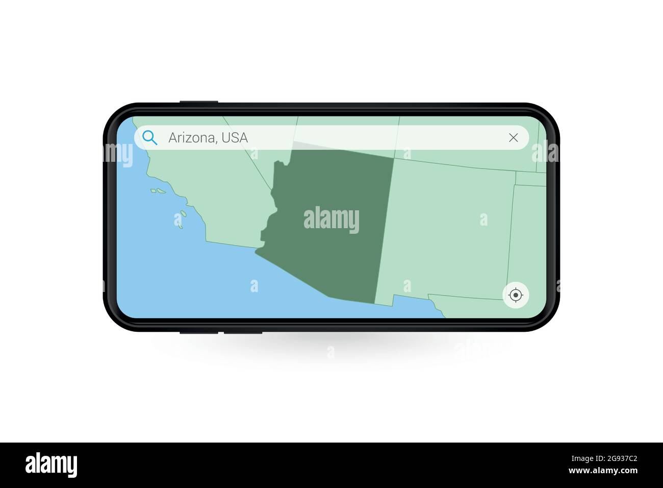 Searching map of Arizona in Smartphone map application. Map of Arizona