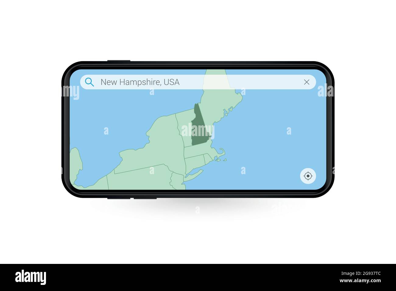 Searching map of New Hampshire in Smartphone map application. Map of