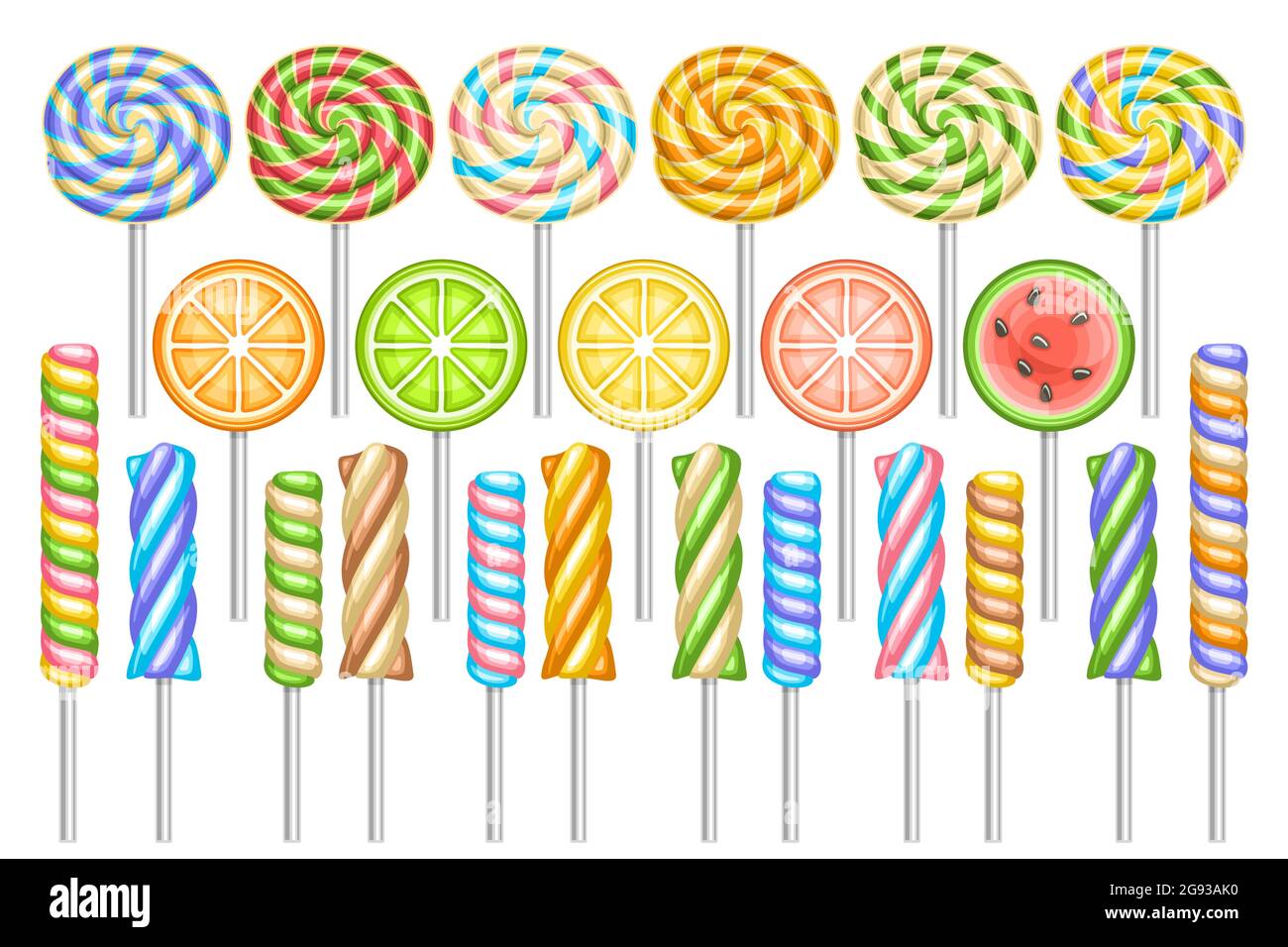 Vector set of Lollipops, lot collection of 23 cut out illustrations of different curly and swirly tasty lollipops on sticks, group of many isolated fr Stock Vector