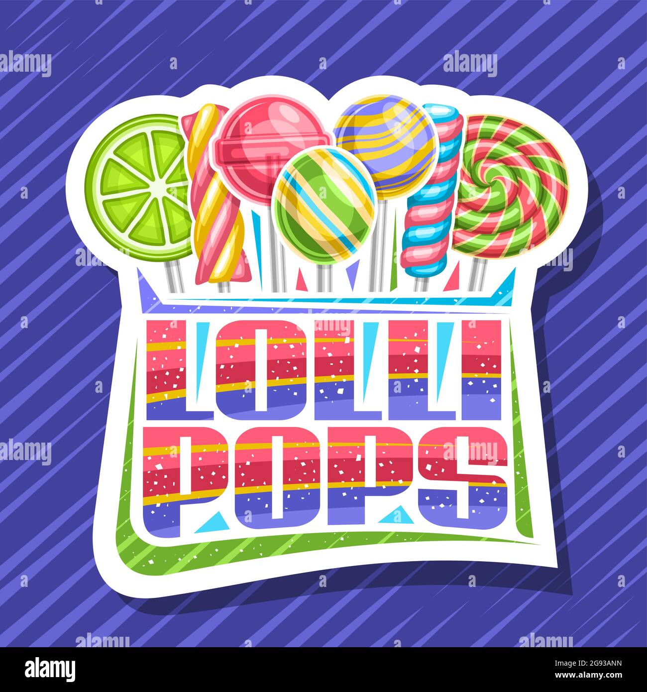 Vector logo for Lollipops, decorative cut paper sign board with illustration of variety striped lollipop, square poster with unique brush lettering fo Stock Vector