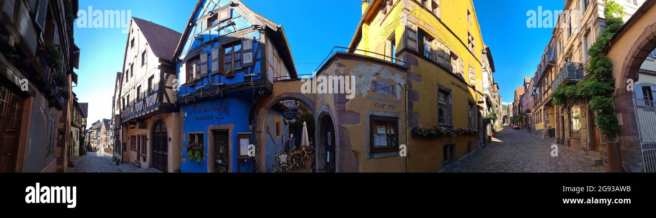 Colourful Fachwerk houses in Requewihr, Alsace Stock Photo