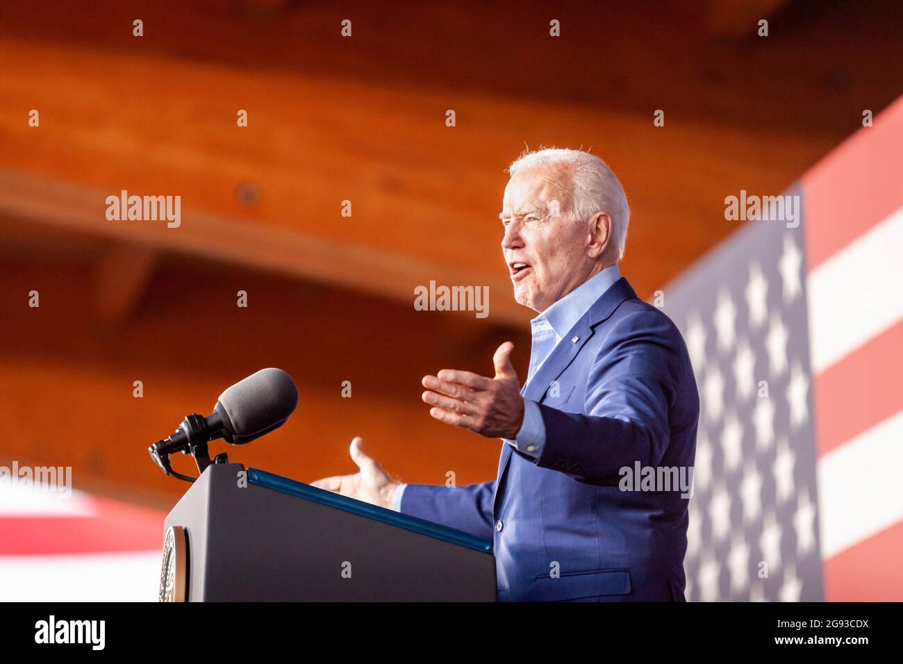 Virginia, USA. 23rd July, 2021. President Joe Biden speaks at a campaign rally for McAuliffe in his bid to be Virginia's next governor.  This is Biden’s first major appearance in support of a Democratic candidate.  McAuliffe served one term as governor of Virginia and is running for a second term. Credit: Allison Bailey/Alamy Live News Stock Photo