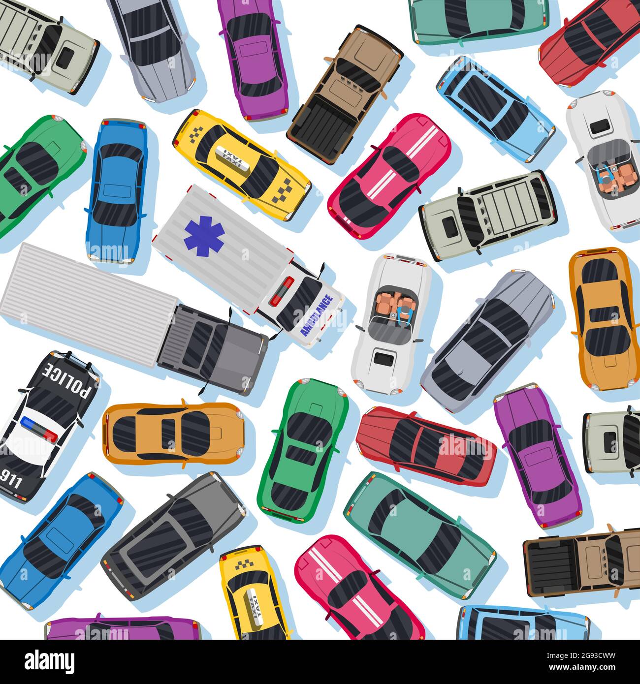 White Road with Different Vehicles in Traffic Jam. Stock Vector