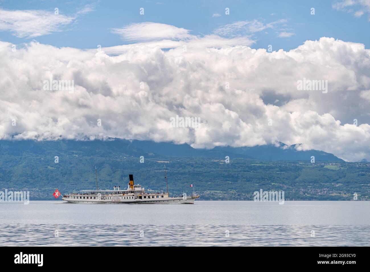 Lausanne, Vaud Canton, Switzerland - 07.07.2021: Suisse steamboat with passengers on Lake Geneva in sunny day. CGN boat. Stock Photo