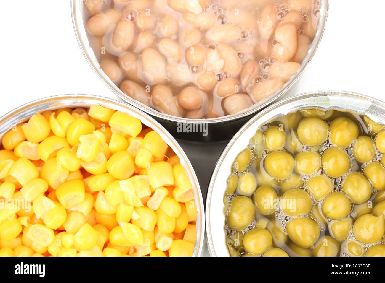 Open tin cans of corn, beans and peas closeup isolated on white Stock Photo Alamy